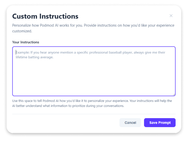 Personalization dialog box showing custom AI instructions