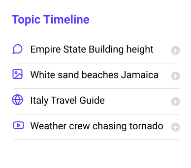 Topic Timeline interface showing timestamped podcast topics