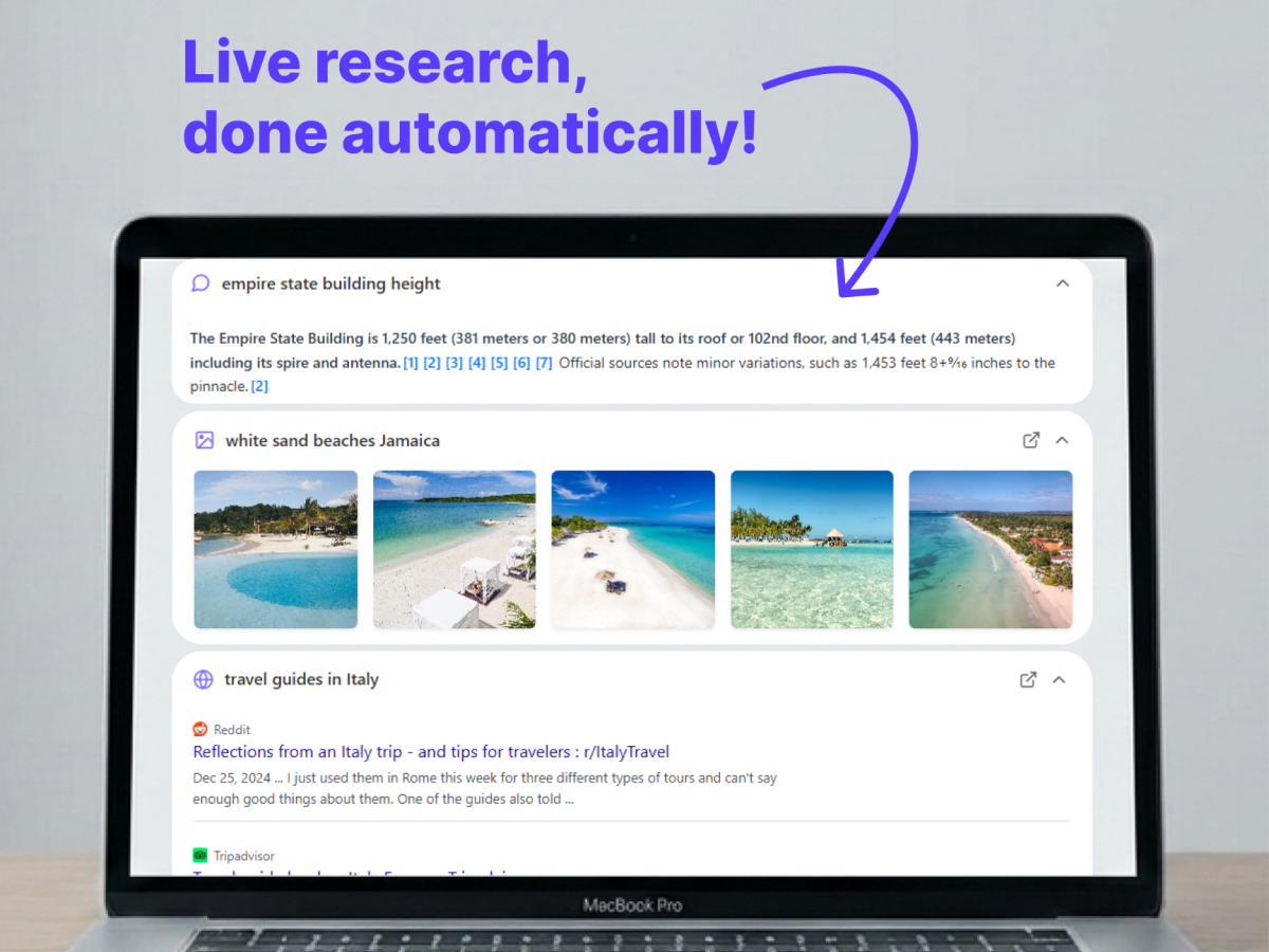 Podmod interface showing live research and context cards appearing automatically