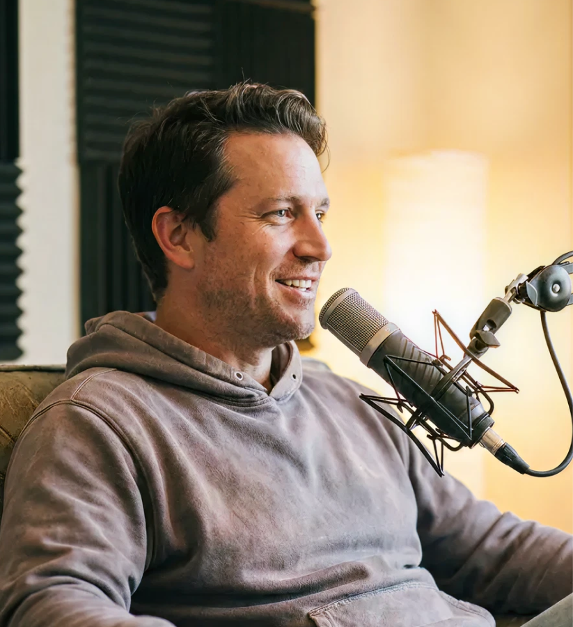 Podcaster recording with microphone - Open Podmod and record your podcast like you always do