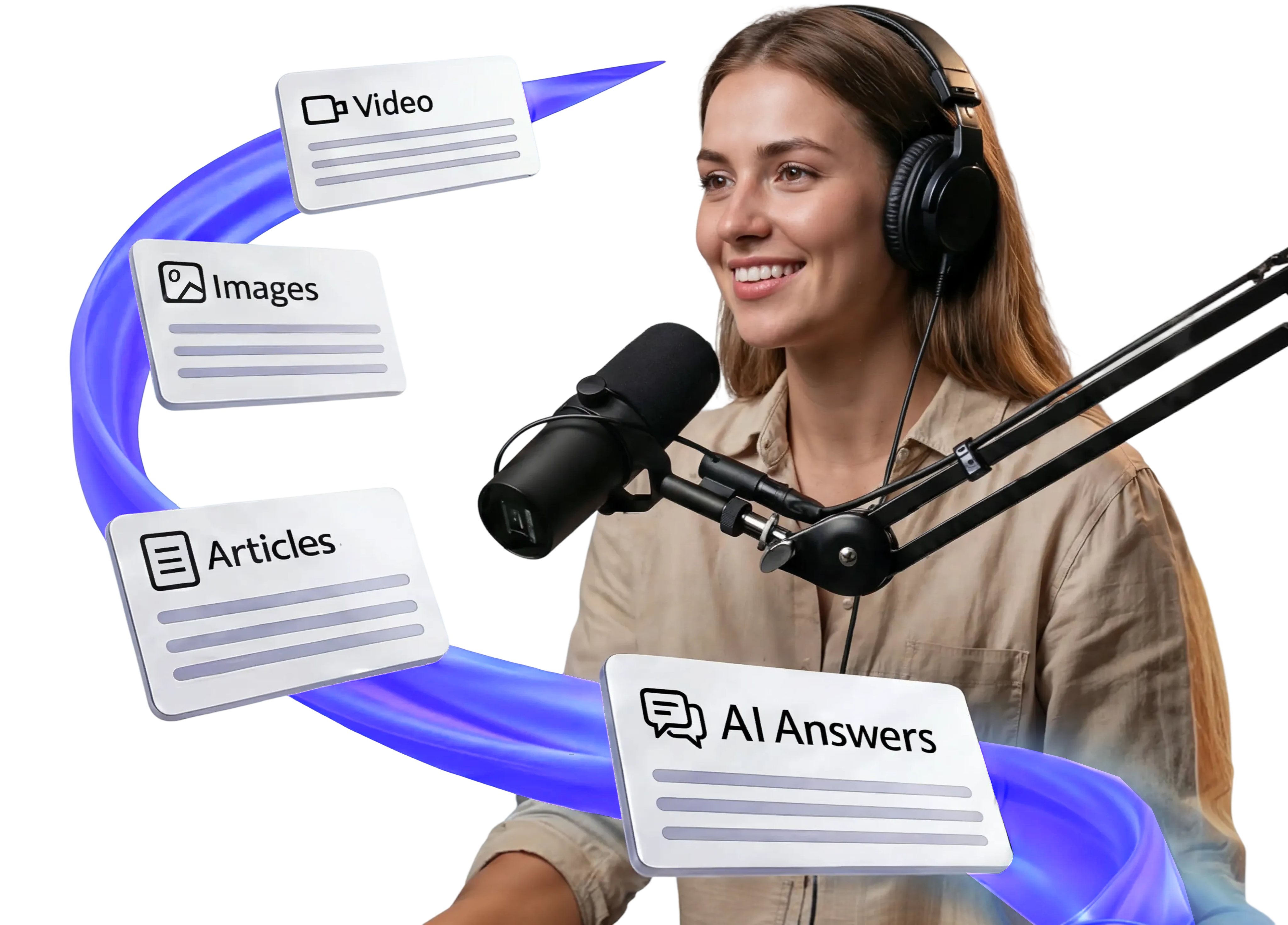 Podmod AI assistant showing real-time research cards including video, images, articles, and AI answers